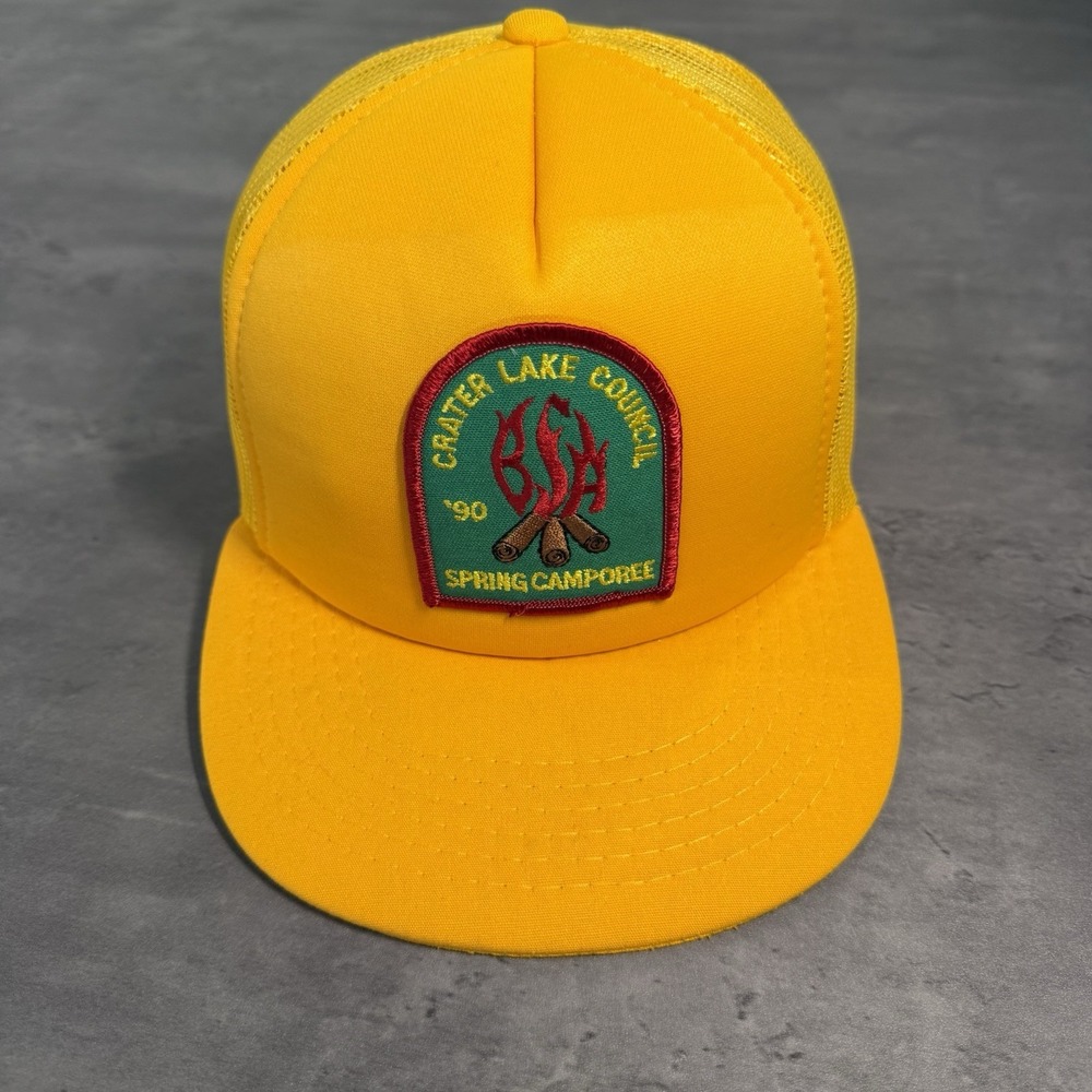 Vintage 90s Boy Scouts Of America Snapback Hat Yellow Trucker Crater Lake OR Cap